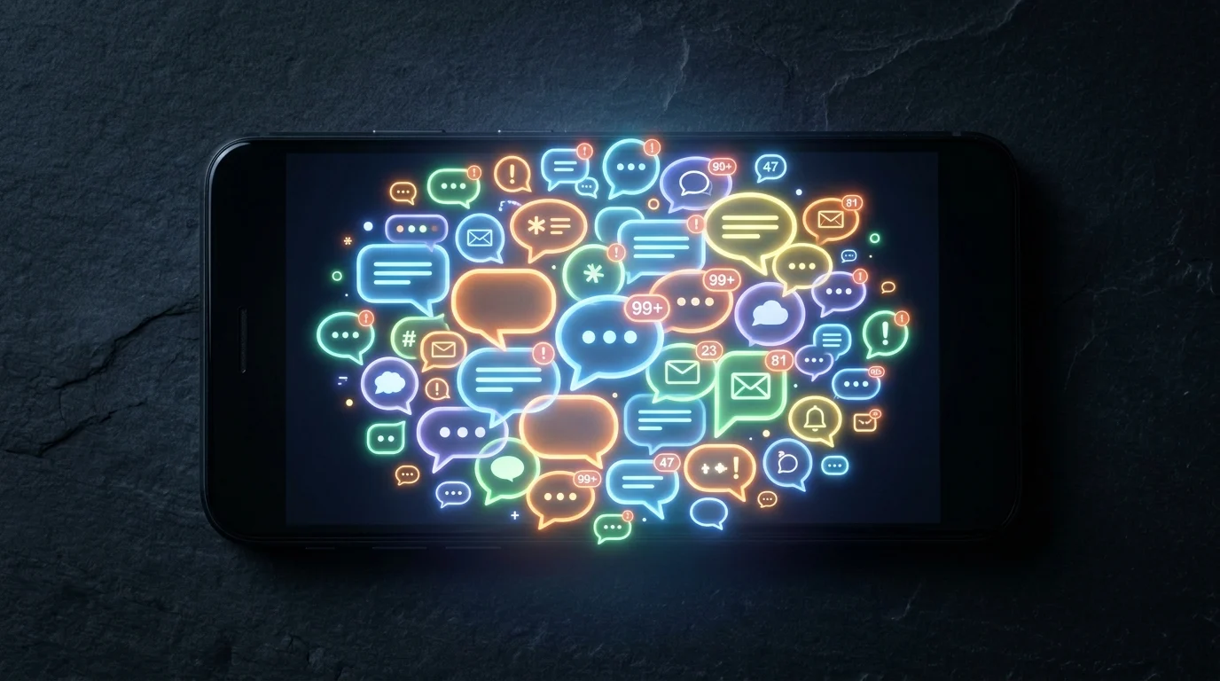 Conceptual illustration of digital notification overload on a smartphone.