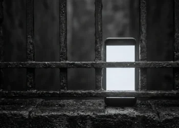A smartphone screen viewed through iron bars.