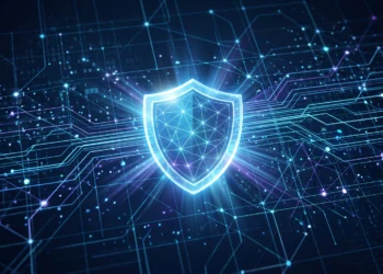 Conceptual digital shield icon over a data network grid.