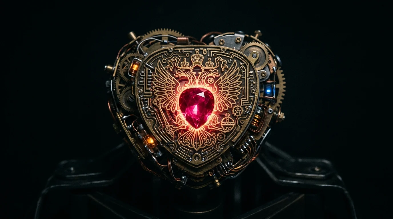 Conceptual representation of a mechanical heart core containing a glowing crest stone.