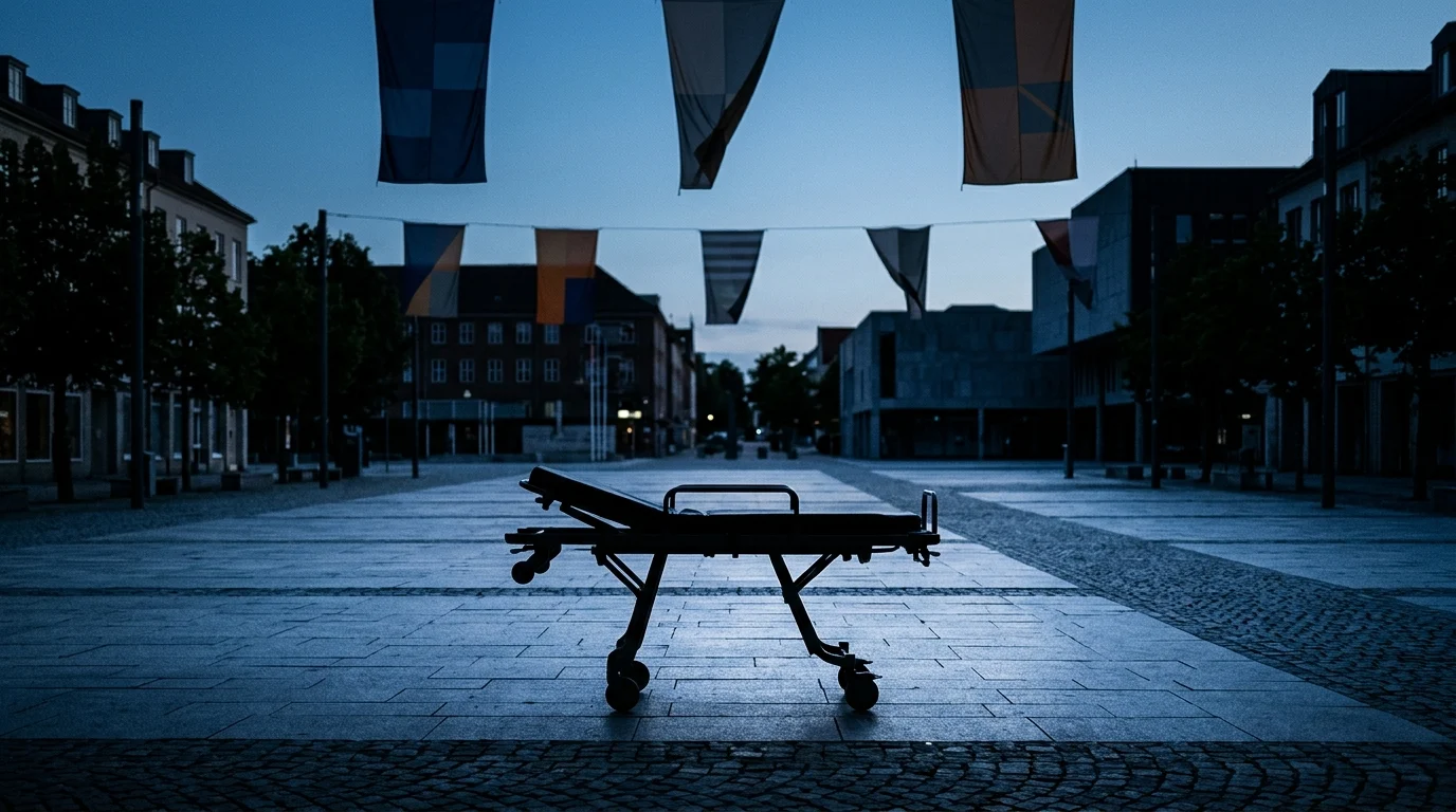 A minimalist conceptual image of an empty medical stretcher in a dark city square.