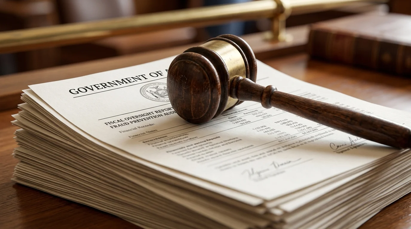 A gavel and legislative documents representing fiscal accountability.