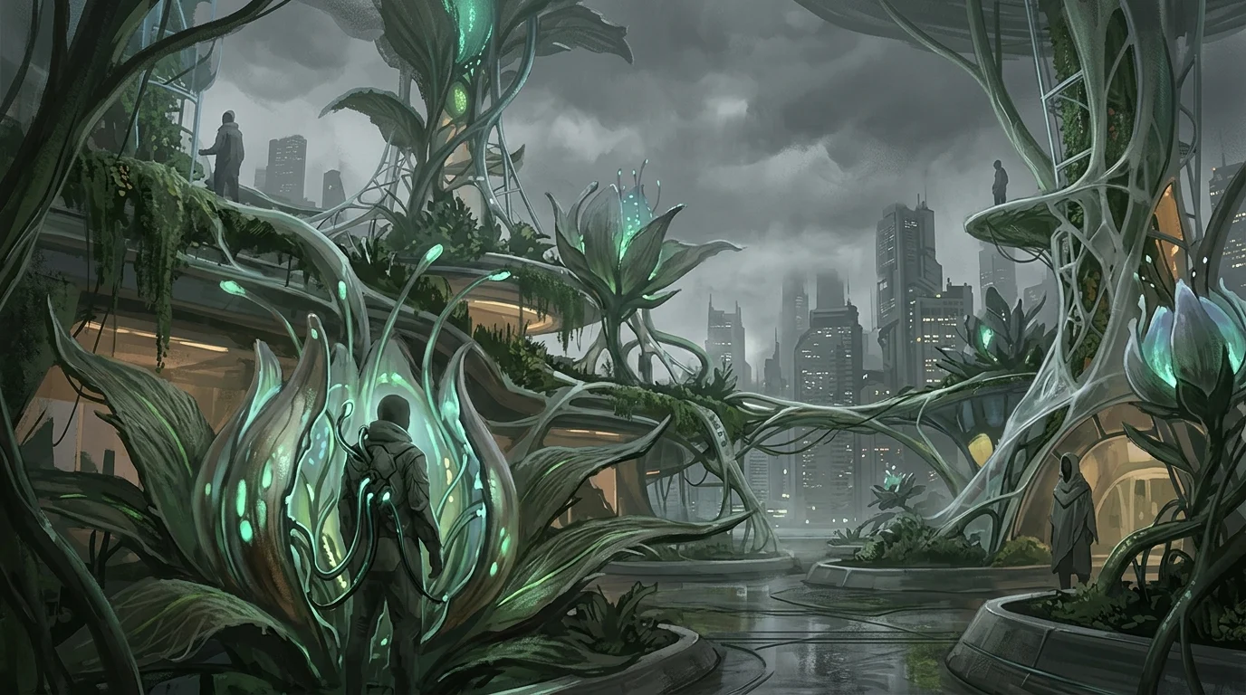A conceptual depiction of the transfloration process in a dystopian city.