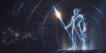 A conceptual digital illustration of a glowing warrior silhouette wielding a celestial spear.