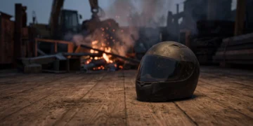 A motorcycle helmet sits in a dark, smoky industrial setting following an explosion.