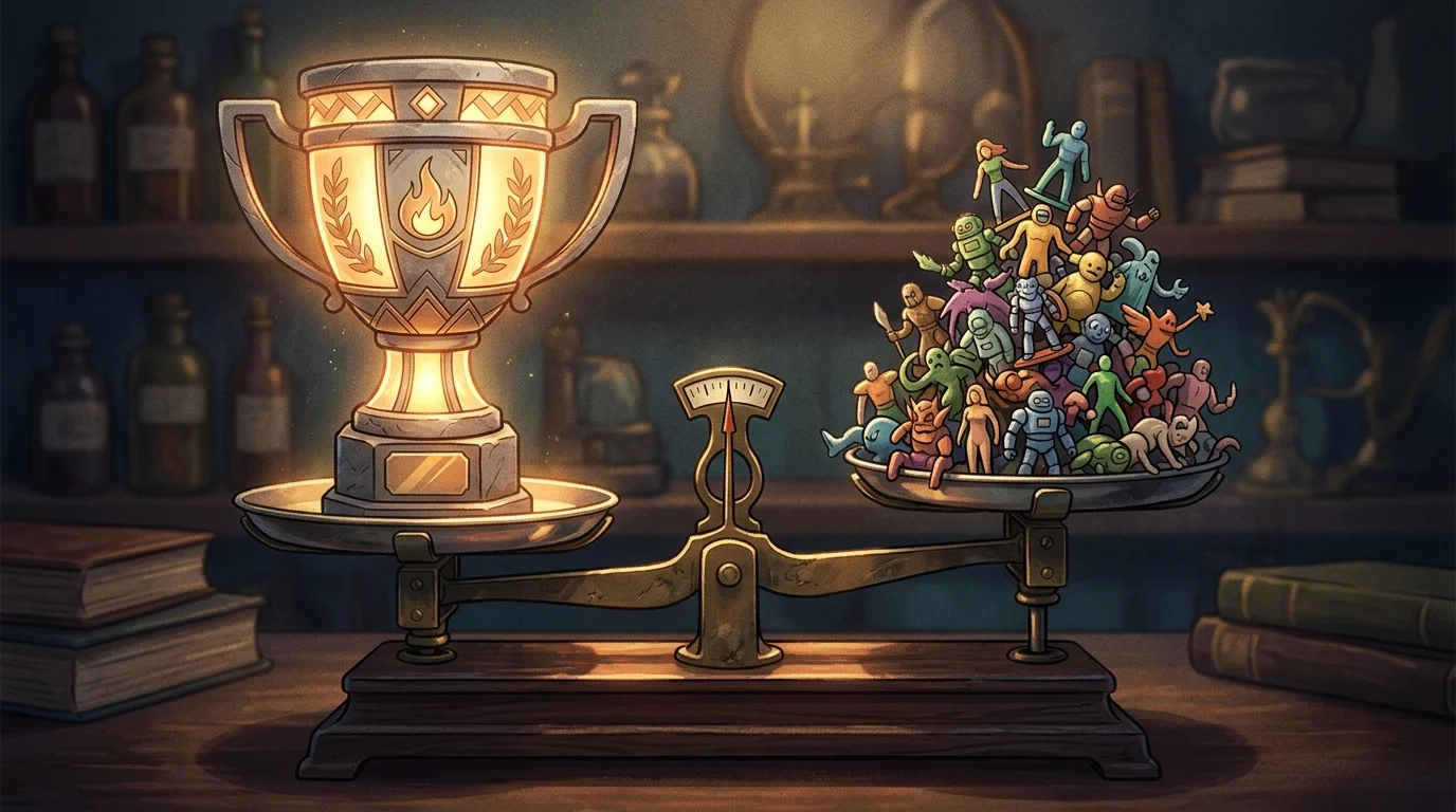A digital illustration of a trophy on a scale being balanced against toy figures.