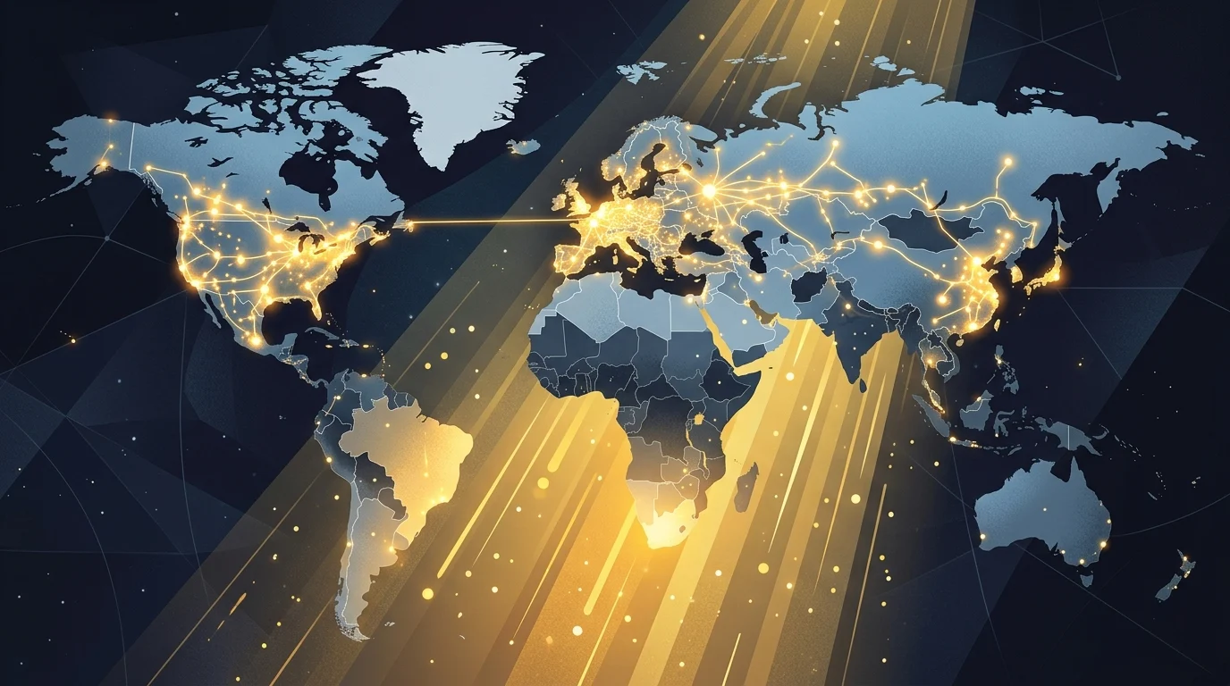 A conceptual map showing global energy access disparities and solar potential.