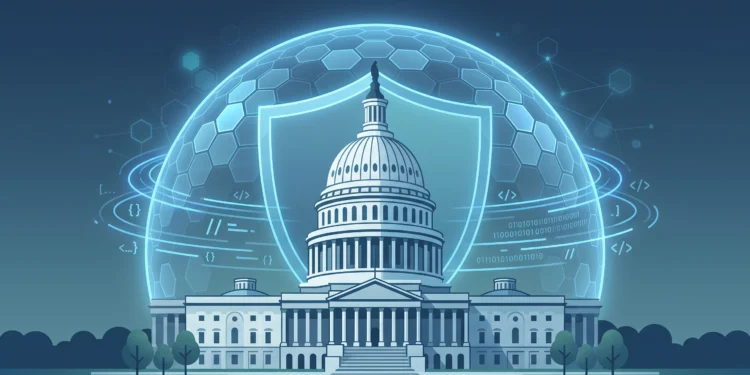 A conceptual illustration of a shield protecting the U.S. Capitol dome.