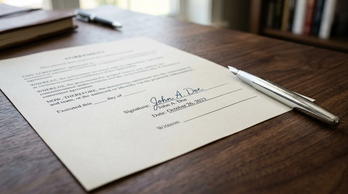 Close up of a legal document and pen on a desk.