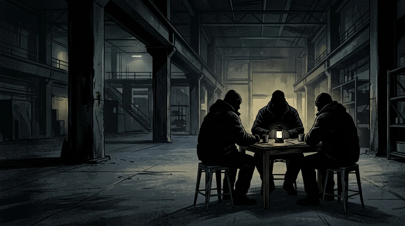 Silhouetted figures engaged in a tense sit-down meeting inside a dark warehouse.