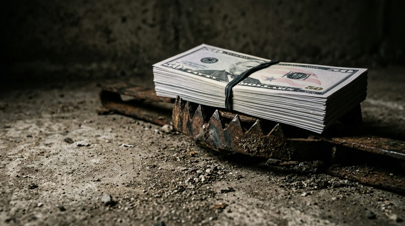 A stack of cash on a concrete floor with a rusted metal trap hidden underneath.