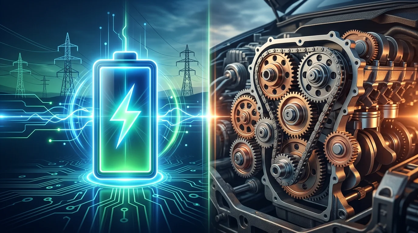 Conceptual graphic illustrating the shift between electric and hybrid vehicle technologies.