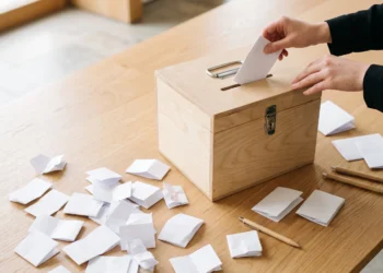 A minimalist wooden ballot box with white paper slips representing an election.