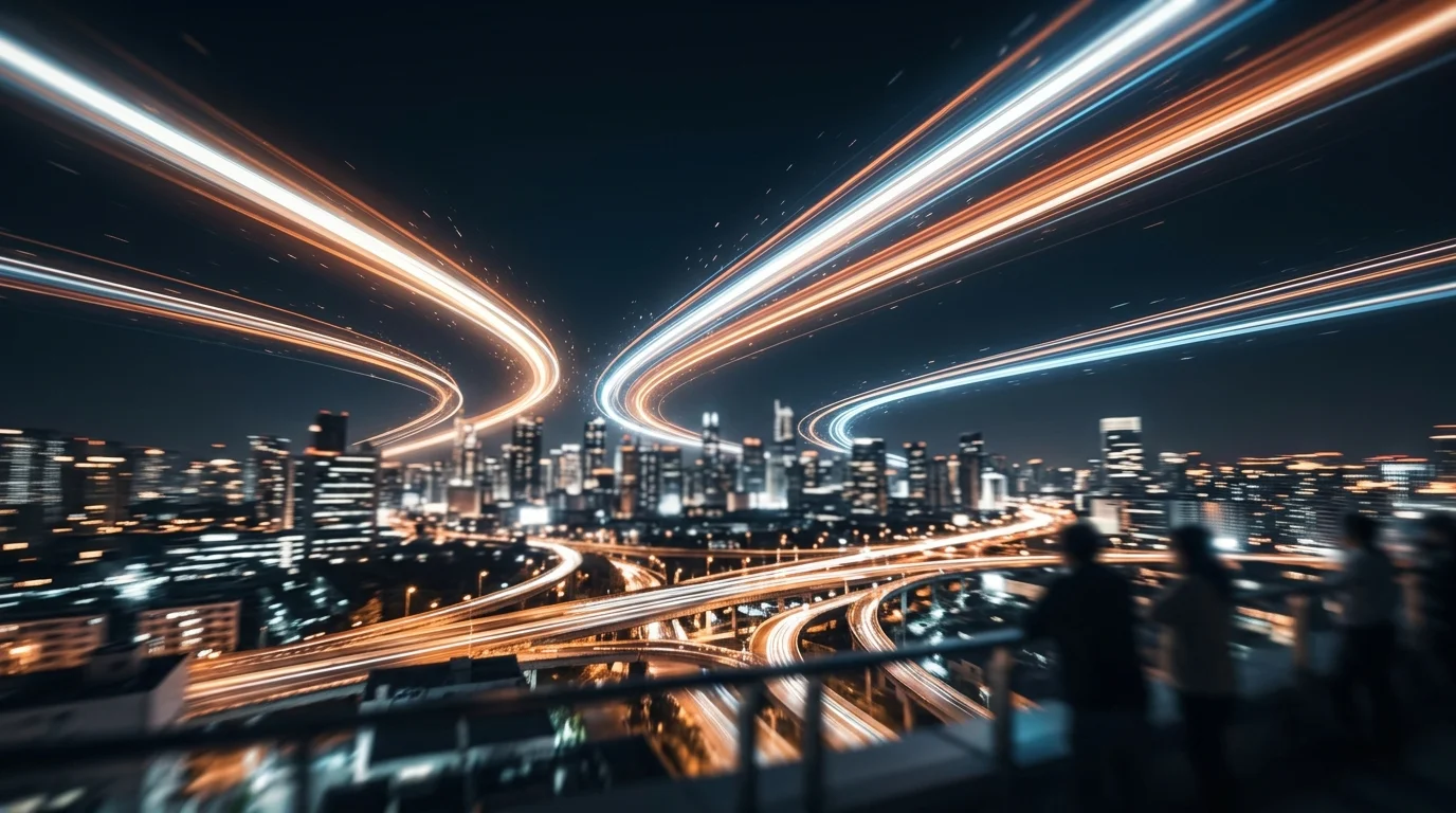 Abstract visualization of high-speed trajectories over a city.