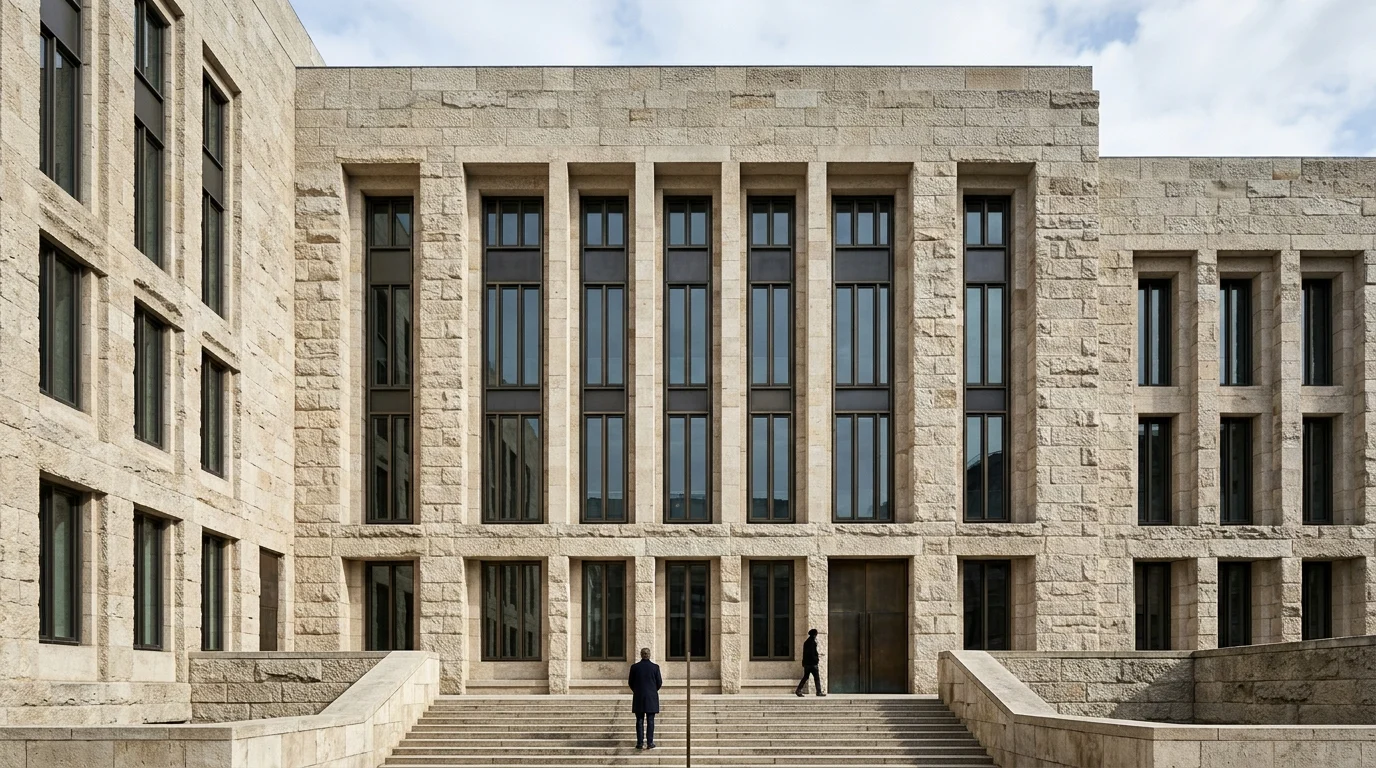 Modern limestone architecture detail representing a high court building.
