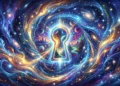 An abstract cosmic keyhole glowing with golden light amidst a blue ethereal background.