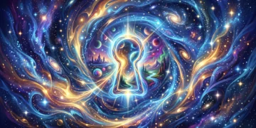 An abstract cosmic keyhole glowing with golden light amidst a blue ethereal background.