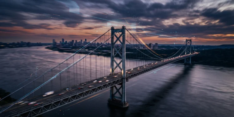 Conceptual image of a bridge over a river at dusk with digital motion effects.