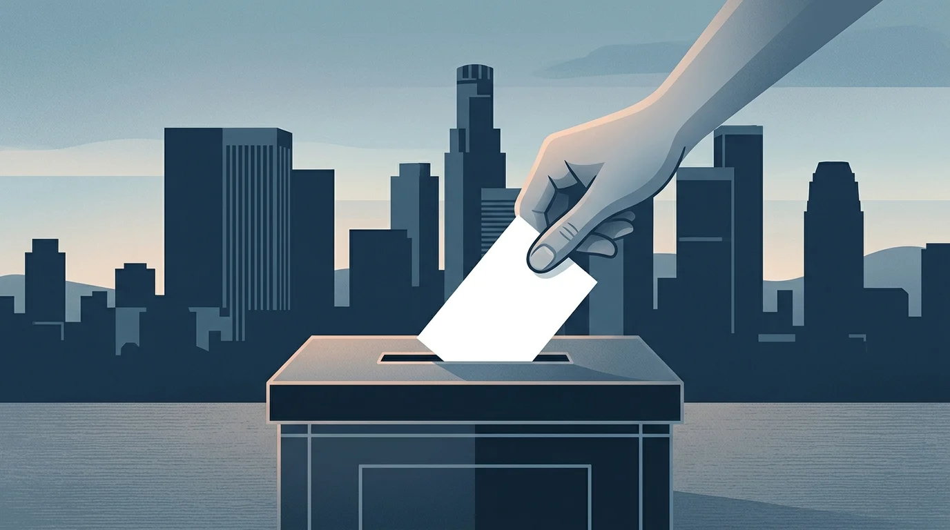 A ballot box with a minimalist Los Angeles skyline silhouette.