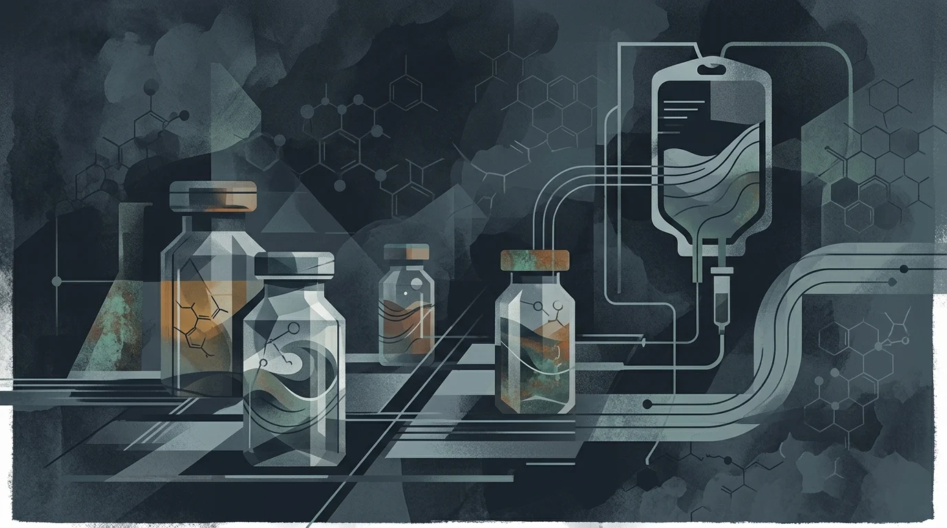 Abstract illustration of pharmaceutical vials and IV equipment.