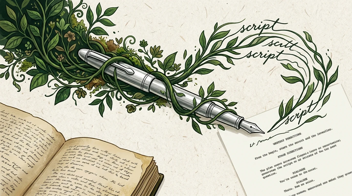 Abstract imagery of an ivy vine and a silver pen.