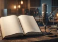A conceptual image representing a book promotion in a broadcast news setting.