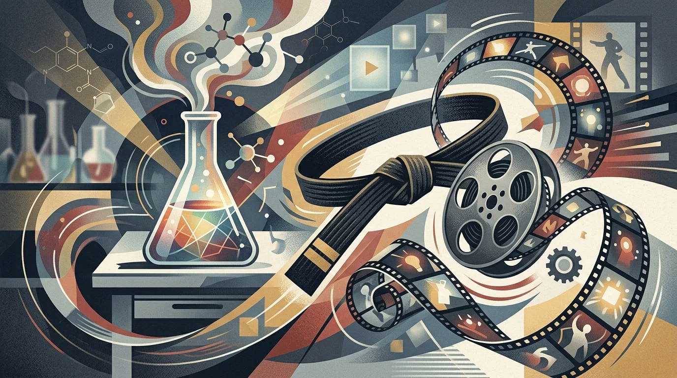 Abstract objects representing science, martial arts, and film.