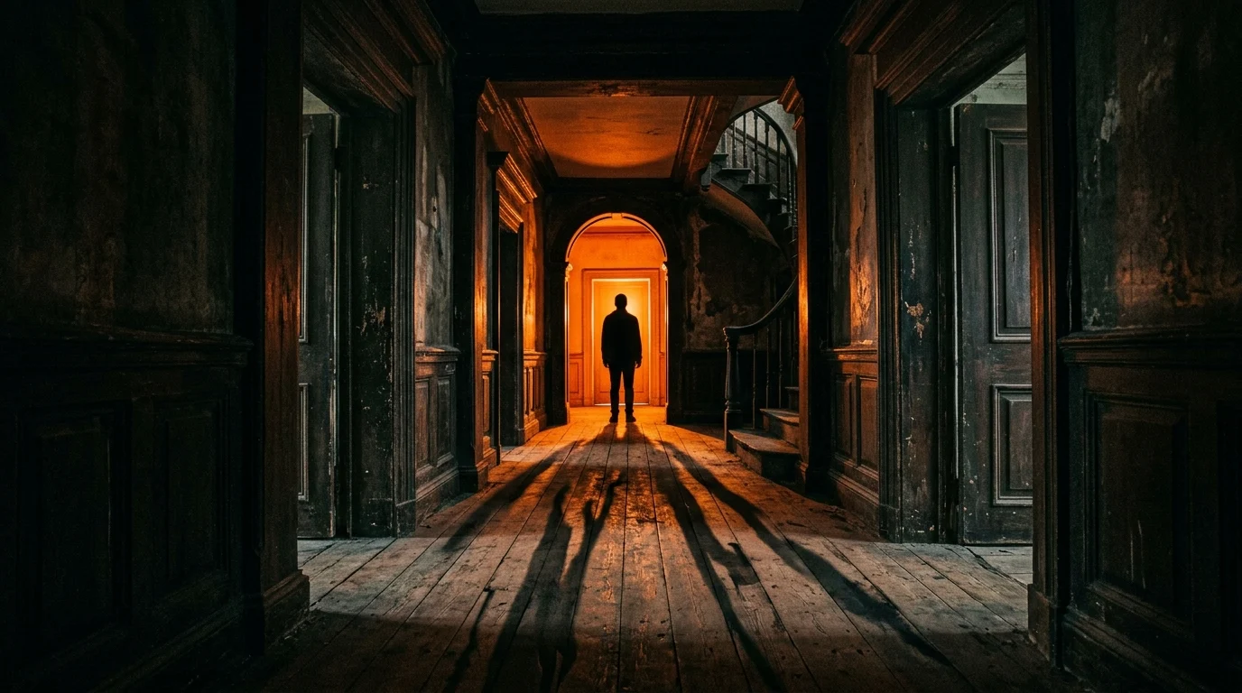 A dark hallway in a mansion lit by a fiery glow.