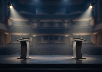Two illuminated podiums on a dark stage during a public forum.