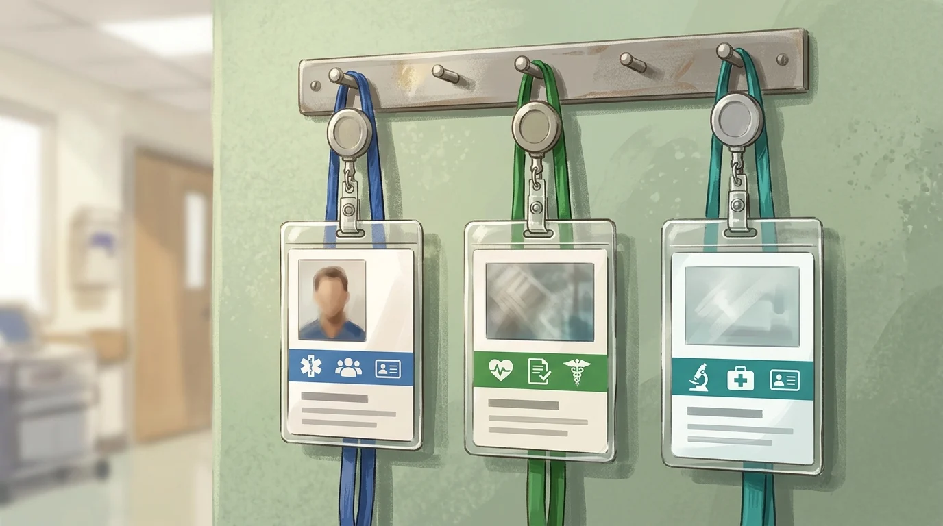 Conceptual medical ID badges hanging in a hospital.