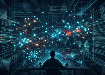 Abstract digital data interface representing military intelligence and AI analysis.