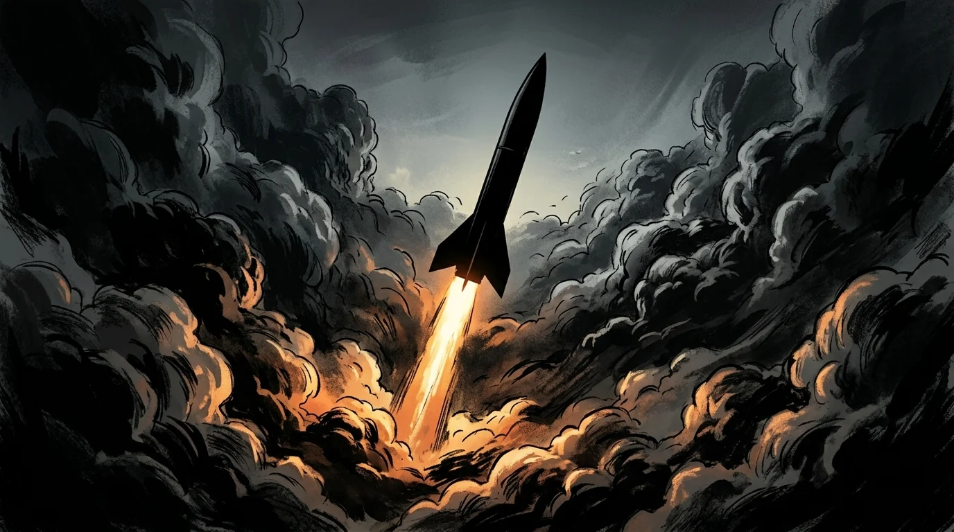 Conceptual illustration of a missile silhouette against a cloudy sky.