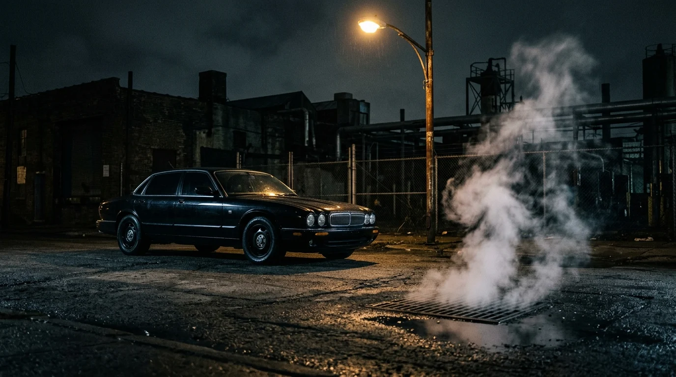A black sedan in a dark industrial setting reflecting the crime drama genre.