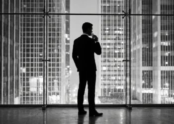 A minimalist silhouette of a man in a suit against a modern architectural background.