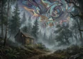 A conceptual depiction of a remote cabin in an alternate reality with a distorted sky.