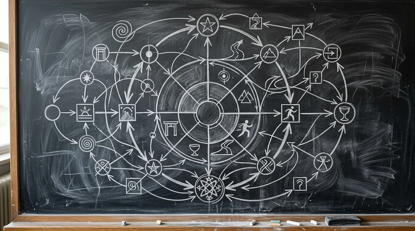 A detailed conceptual diagram on a chalkboard illustrating narrative connections.