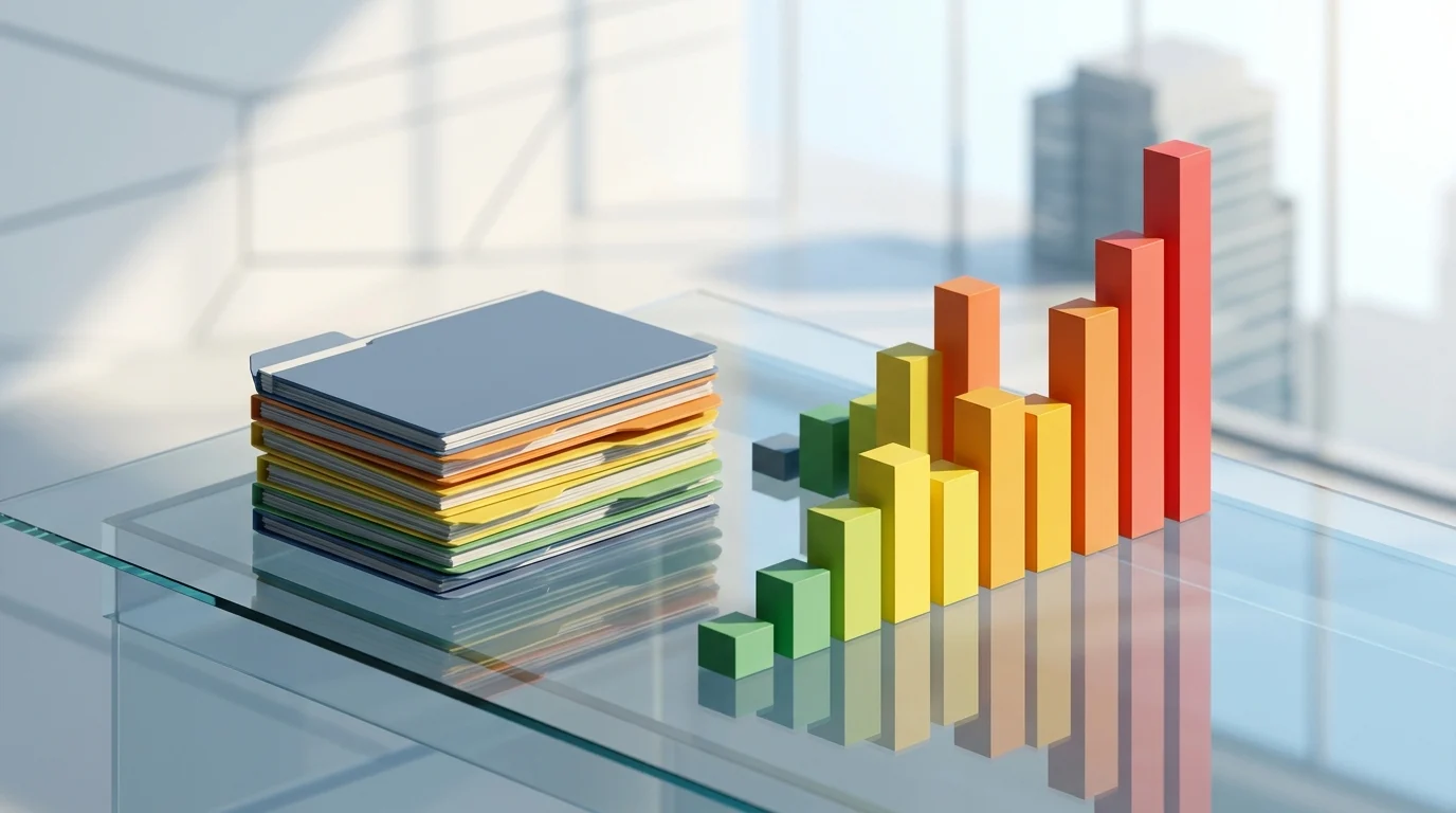 Stylized 3D rendering of budget documents and financial charts.