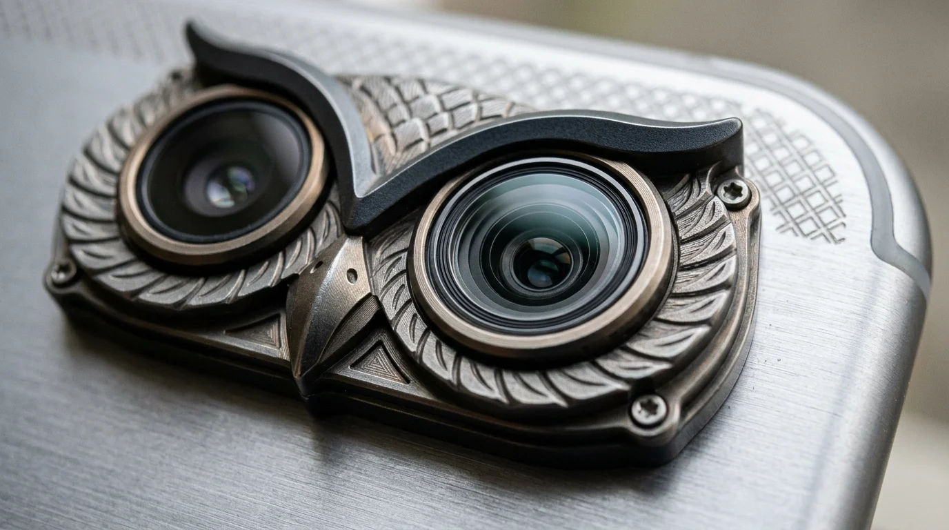 Close-up of a smartphone camera module with an owl-inspired design.