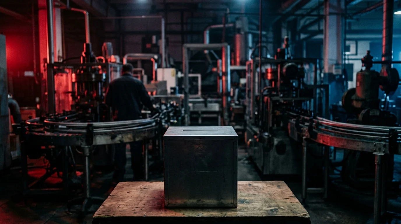 A ballot box positioned inside a manufacturing plant environment.