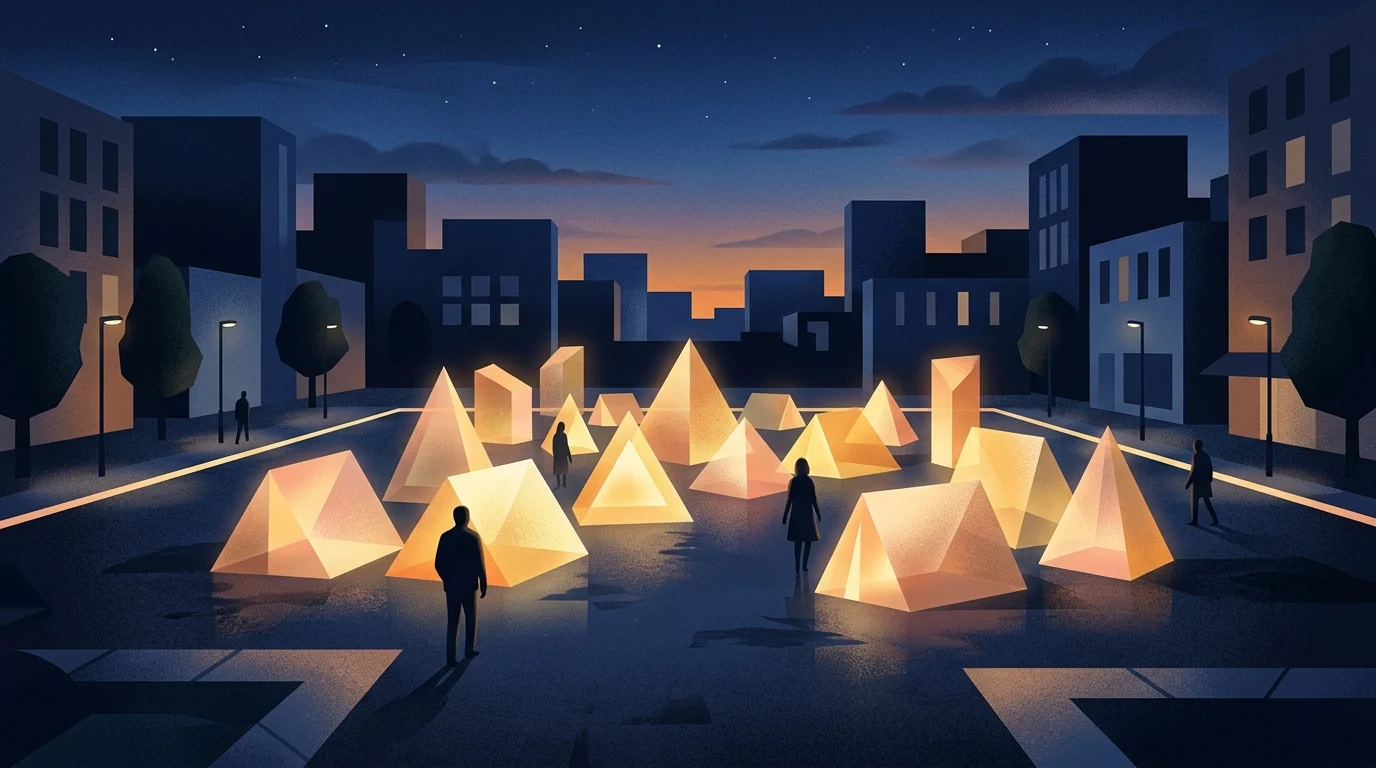 A conceptual depiction of an urban protest encampment at night.