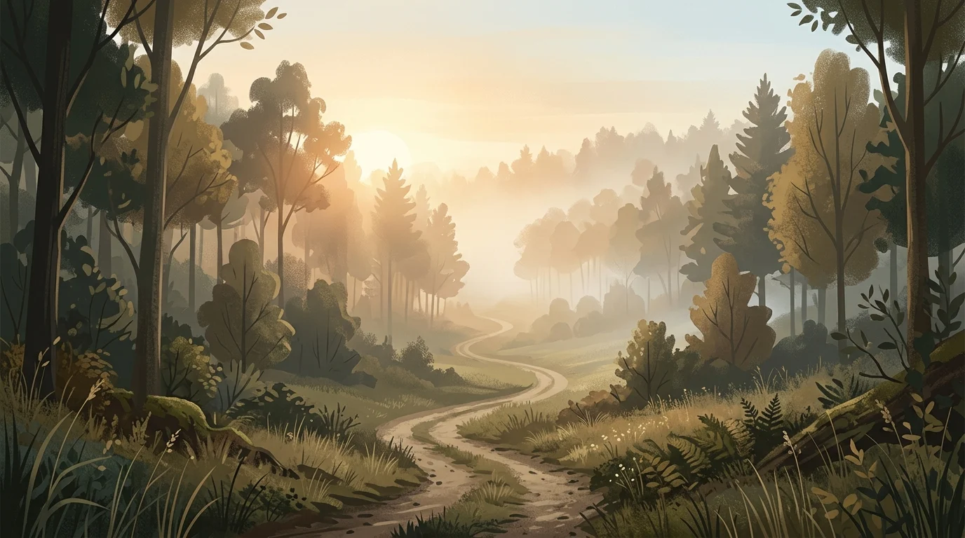 A minimalist landscape of a rural dirt road in a forest.