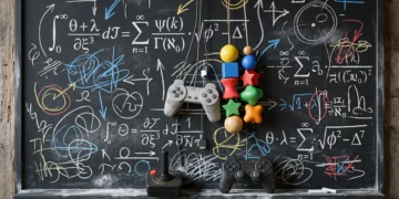 A chalkboard covered in complex mathematical formulas and gaming symbols.
