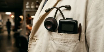 A stethoscope and pager tucked into a medical lab coat pocket.