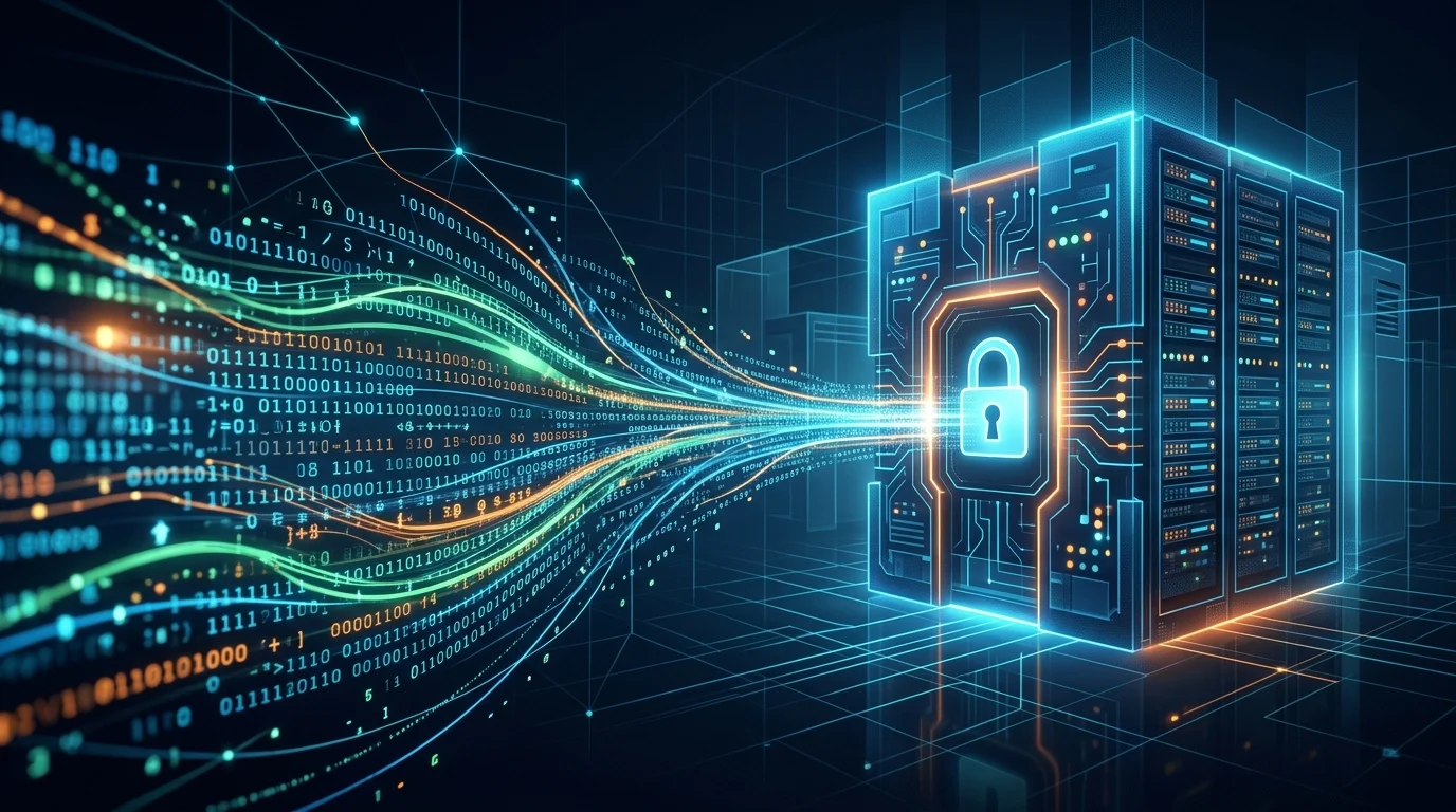Abstract digital data streams entering a secure lock icon.