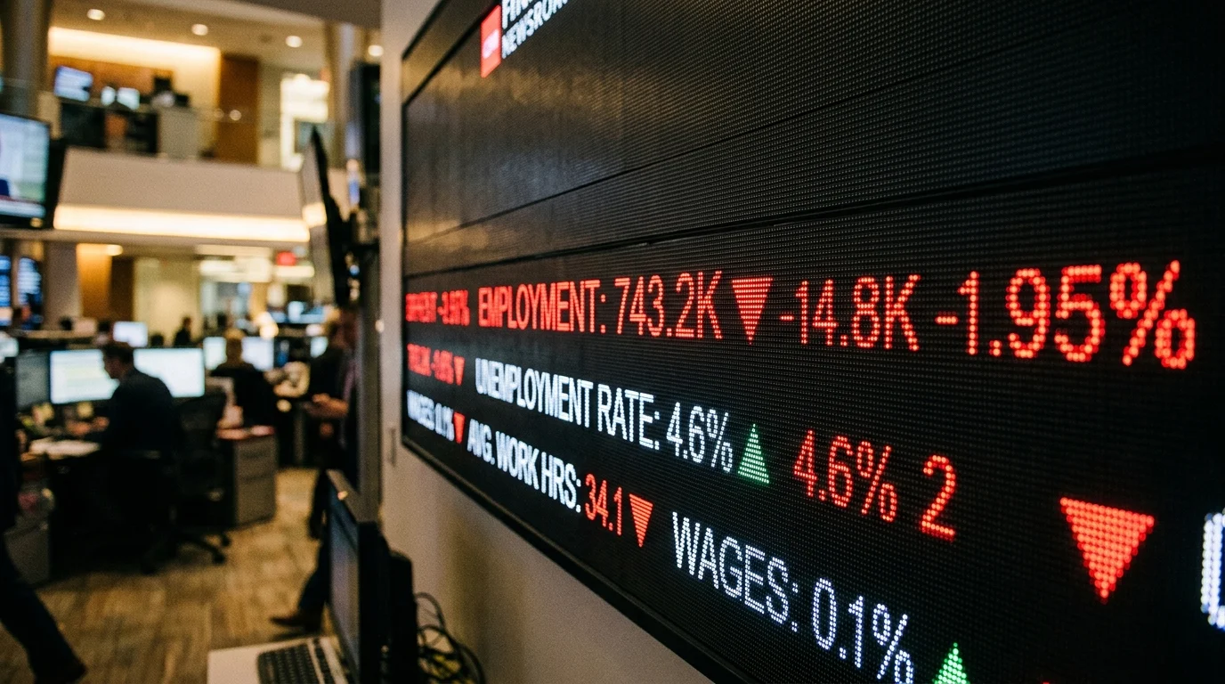 A digital display showing declining job growth data.