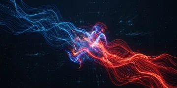 A conceptual visualization of two digital streams merging in a dark space.