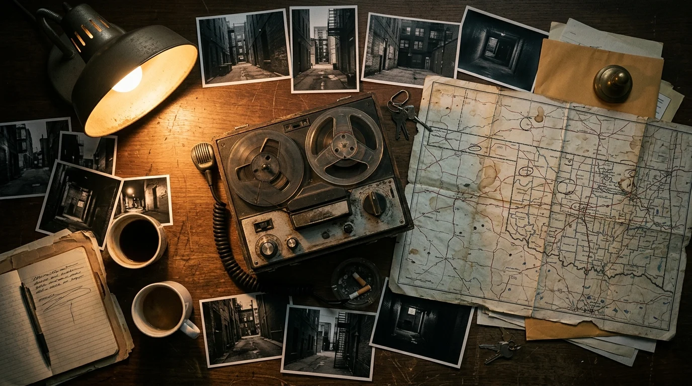 A detective's desk with a tape recorder and maps of Oklahoma.