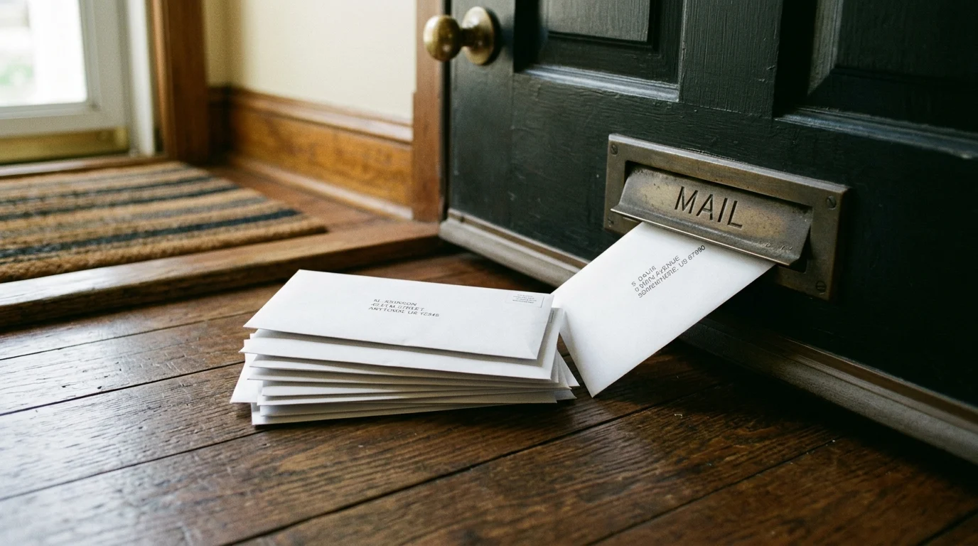 Typed envelopes on a dark floor near a mail slot.