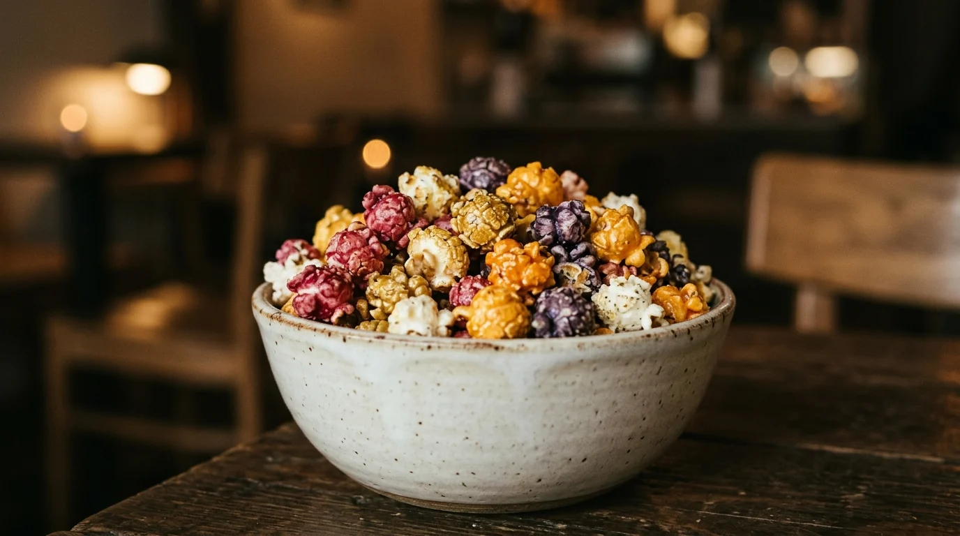 Gourmet popcorn in a bowl with cinematic lighting.