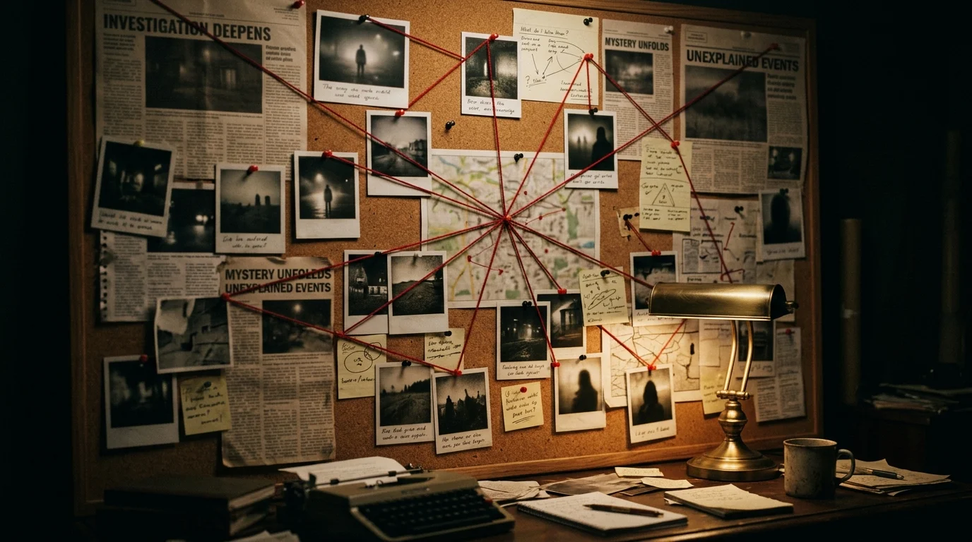An investigative corkboard with red strings and clippings under a desk lamp.